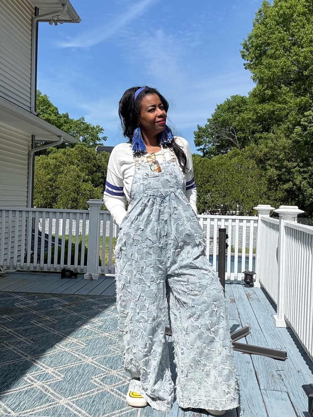 BiBi Light Wash Distressed Denim Wide-Leg Overalls fun vacation bbq weekender